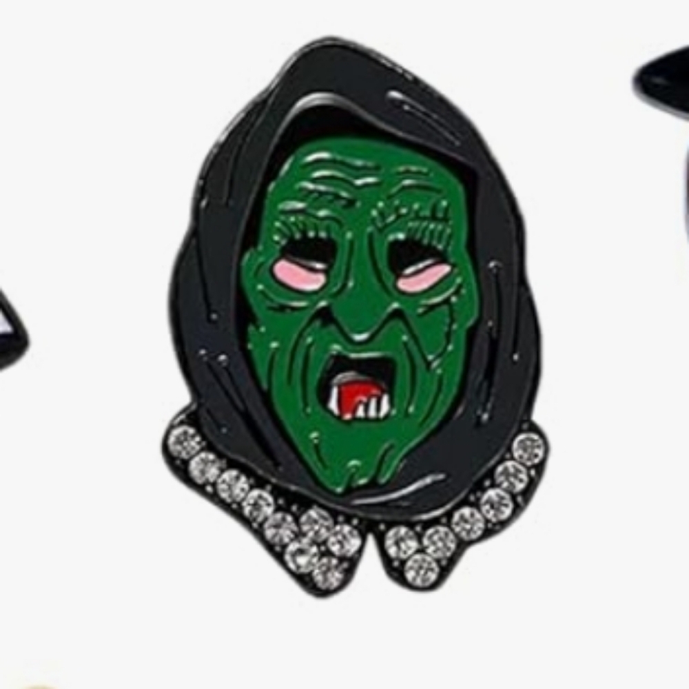 Green Witch Enamel Pin with Rhinestone Collar